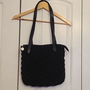 The Sak Black Hand Crochet Woven Shoulder Bag With Leather Straps